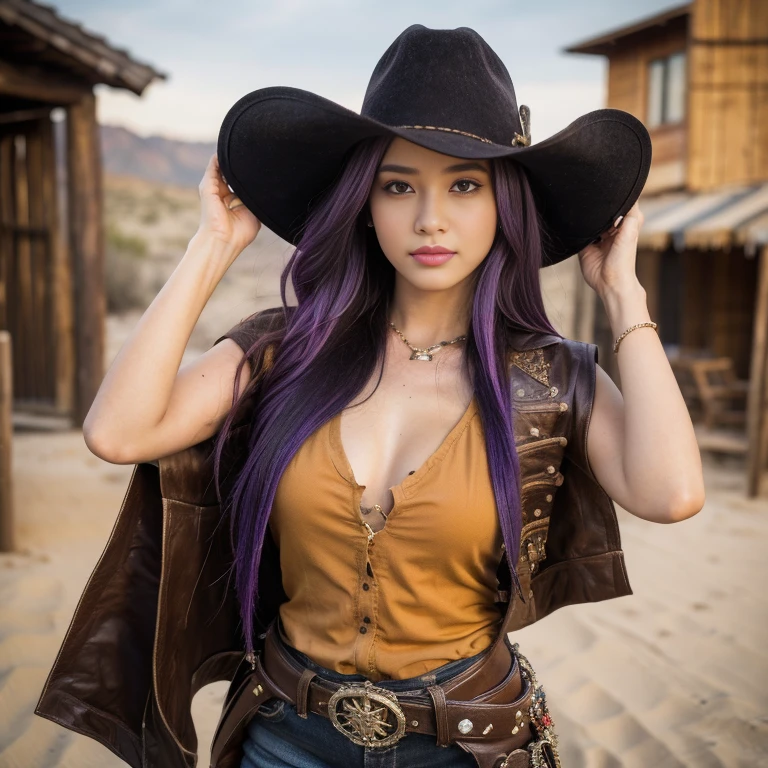 Revolver, hand gun with holster, Revolver, Half -body ,Western film, America, Cowboy Dressed as I, Cowboy style Wear,  cowboy-hat, (Billy the  style) ,looking viewer, Korean girl ,  ,(long curly hair, purple hair, fringe),m, (masterpiece, highest quality, Very detailed, Ultra-high resolution, (photopractical:1.1), Original photo, (practical:0.2) ,noon