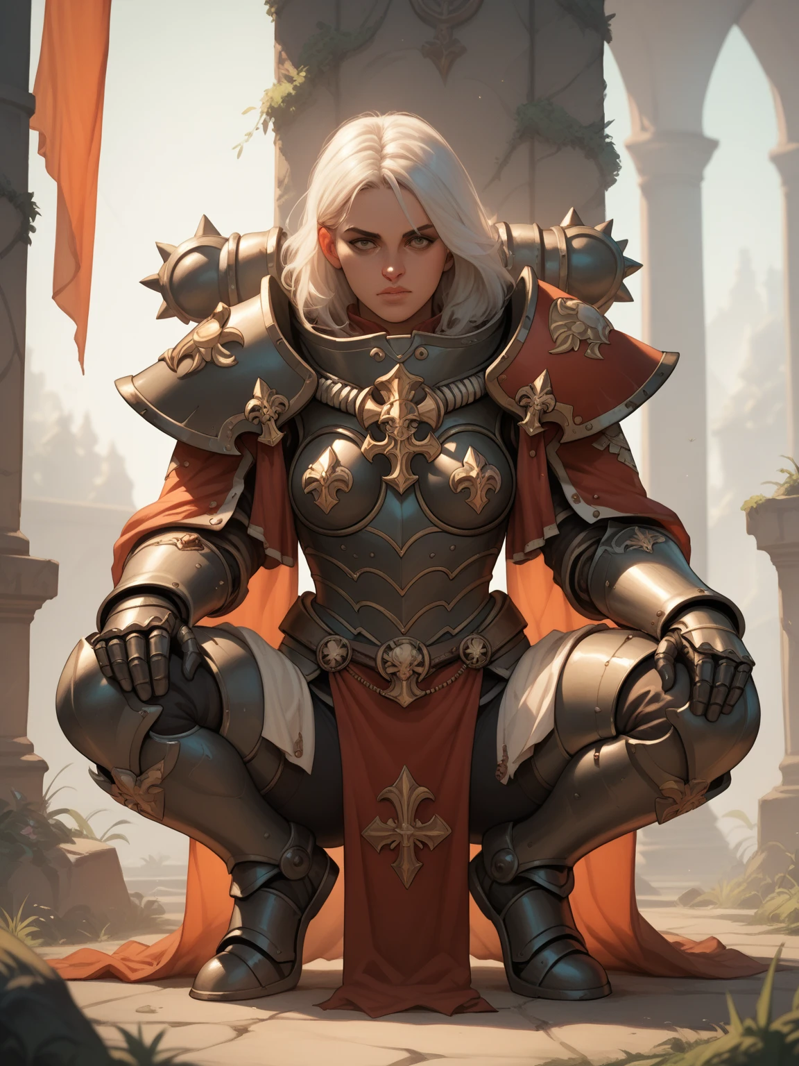 Sororitas, armor, shoulder armor, pelvic curtain, tabard, greaves, power armor, white hair, crouching