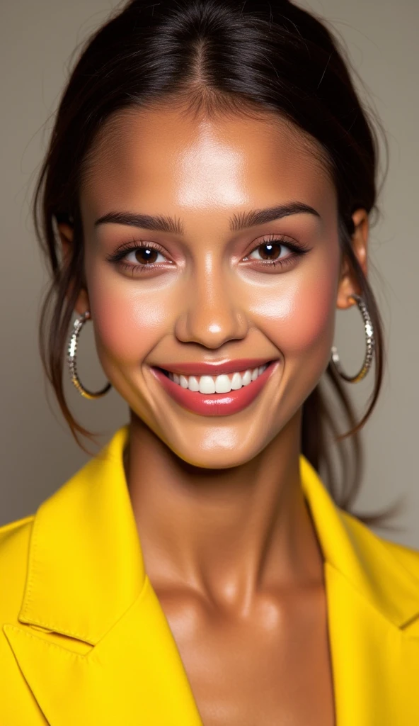 A close up of a woman in a yellow jacket on a magazine cover