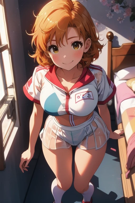 1girl in, Parted lips, blush, makeup, lightsmile, Full body, Wide Angle, From  above, crass room, llight rays, Glow, thighs thighs thighs thighs, clavicle, Narrow waist, (masterpiece), Wallpaper, orange hair color, Breast bulge, Sheer, white transparent transparent gym uniform, Dark blue transparent transparent bloomer, White socks, a wet body