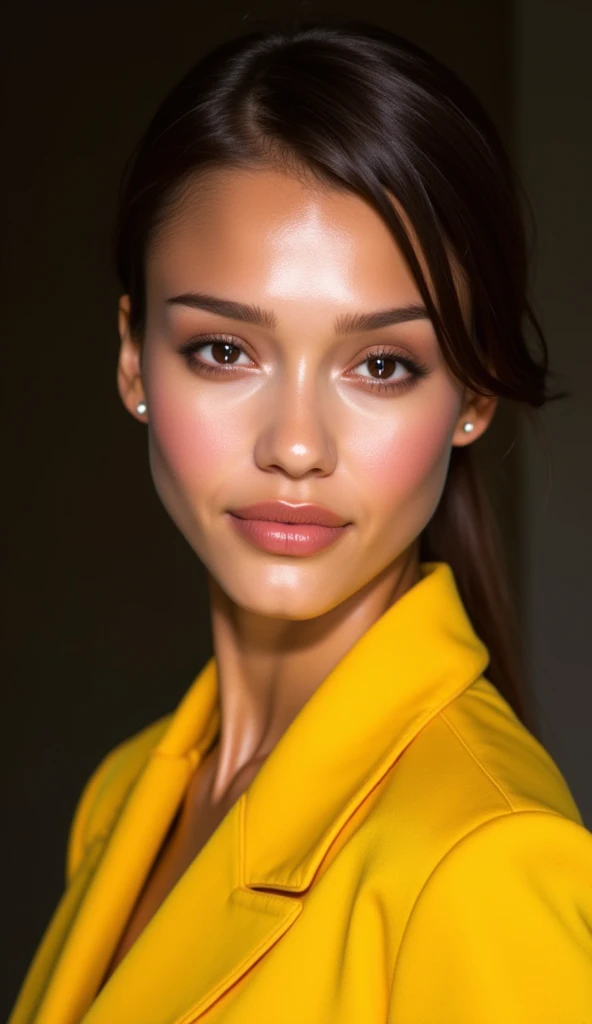 a beautiful woman wearing a yellow jacket, close up portrait, detailed facial features, flawless skin, piercing eyes, glossy lips, high fashion, magazine cover, dramatic lighting, cinematic, vibrant colors, photorealistic, 8k, ultra-detailed, masterpiece, professional photography, elegant, alluring, captivating