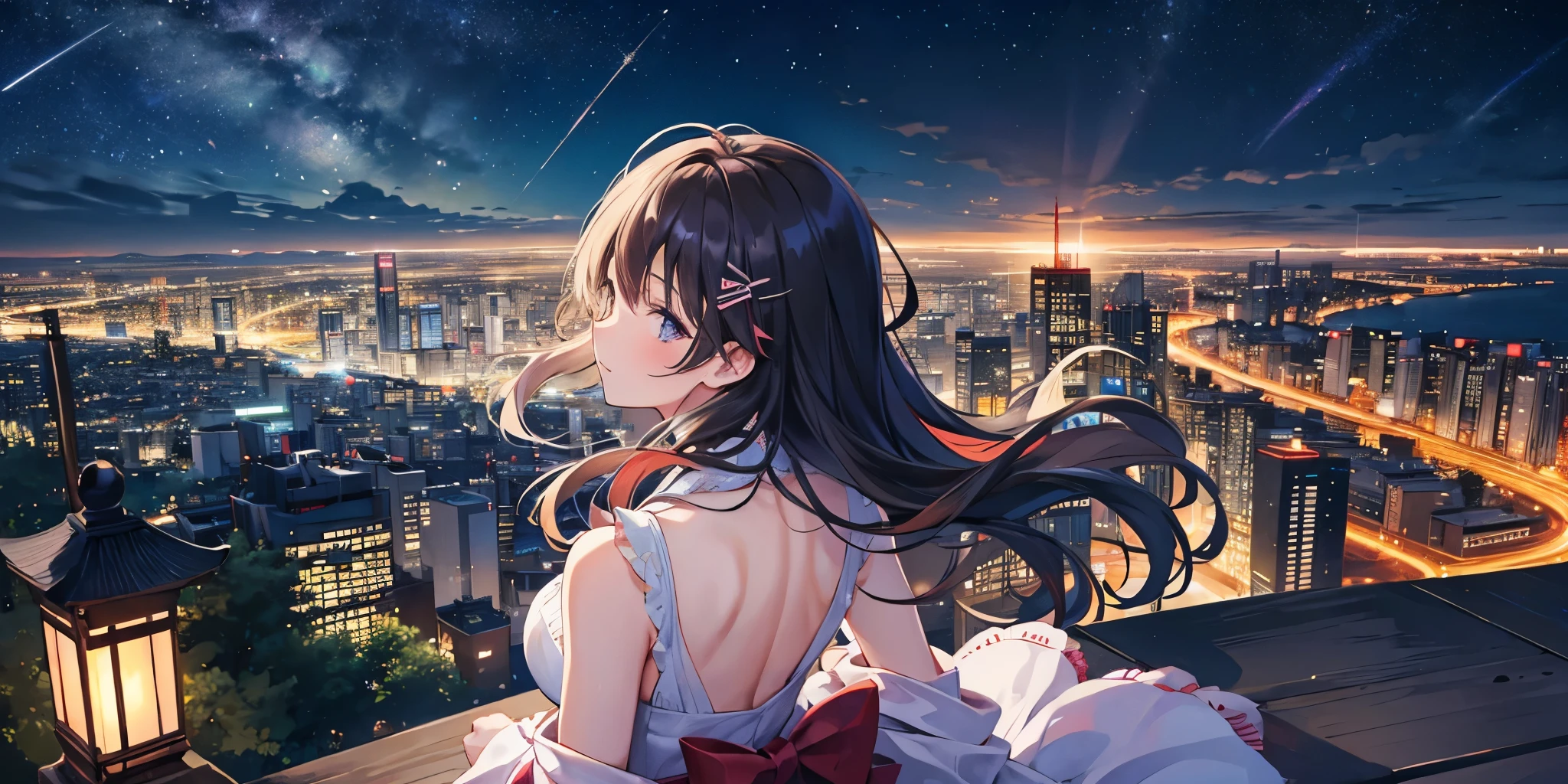 Back view of a beautiful woman looking at the night view of Tokyo seen in the distance from the top of a hill