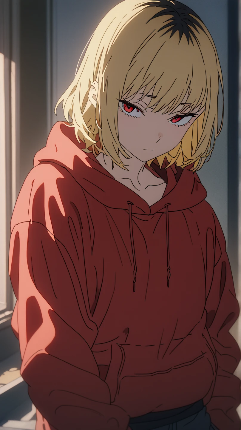  8K ultra HD,  soft lighting ,  High Quality ,  Film Grain,  FUJIFILM XT3、最 High Quality , masterpiece,  high definition , Detailed faces

suburbs
One girl , Blonde,  short hair, Anime Coloring ,  multi-colored hair ,  Bicolor Hair (Blonde),Snake&#39;s Eye( red eyes),Black hair on top of head ,straight hair
Tops (Red hoodie)Bottoms(Shorts),Up to the thighs, with a little bit of sadness, No Emotion,My hands are in my hoodie pocket , my hands are stuck in my pocket 