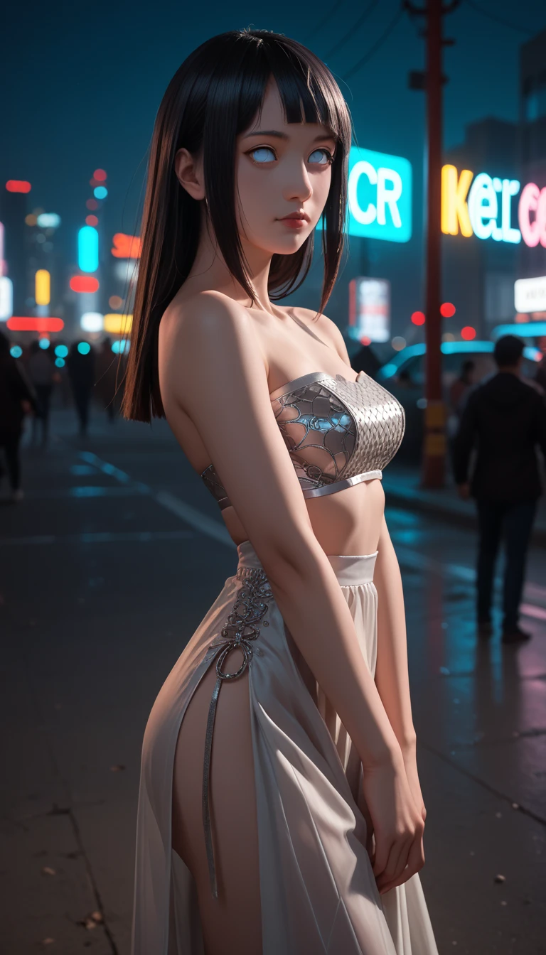  a detailed and beautiful portrait of a 16-year-old Japanese girl,  medium breasts, with healthy appearance , sexy expression,      tight clothing  , Bold pose,    detailed embroidery   ,  belly out , Tube top,  high quality, 8k,    realistic photo ,   dramatic lighting ,    vivid colors   ,(   masterpiece   ,     top quality   ,  :1.2),  (  cyberpunk urban scene illuminated by neon lights  ), (Alone:1.4), (     Elegant and cool  ),    Bright neon details    :1.3), ( serious expression   :1.1) ,     Confident and relaxed poses      :1.3),  Holographic outdoor  , (   dynamic lighting   ,   Strong contrast, bare arms, joy, Hinata of Naruto, sexy clothes,   sexy lingerie clothes ,   full body,  black hair
