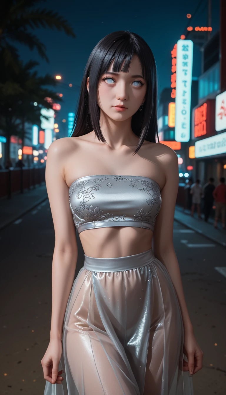  a detailed and beautiful portrait of a 16-year-old Japanese girl,  medium breasts, with healthy appearance , sexy expression,      tight clothing  , Bold pose,    detailed embroidery   ,  belly out , Tube top,  high quality, 8k,    realistic photo ,   dramatic lighting ,    vivid colors   ,(   masterpiece   ,     top quality   ,  :1.2),  (  cyberpunk urban scene illuminated by neon lights  ), (Alone:1.4), (     Elegant and cool  ),    Bright neon details    :1.3), ( serious expression   :1.1) ,     Confident and relaxed poses      :1.3),  Holographic outdoor  , (   dynamic lighting   ,   Strong contrast, bare arms, joy, Hinata of Naruto, sexy clothes,   sexy lingerie clothes ,   full body,  black hair
