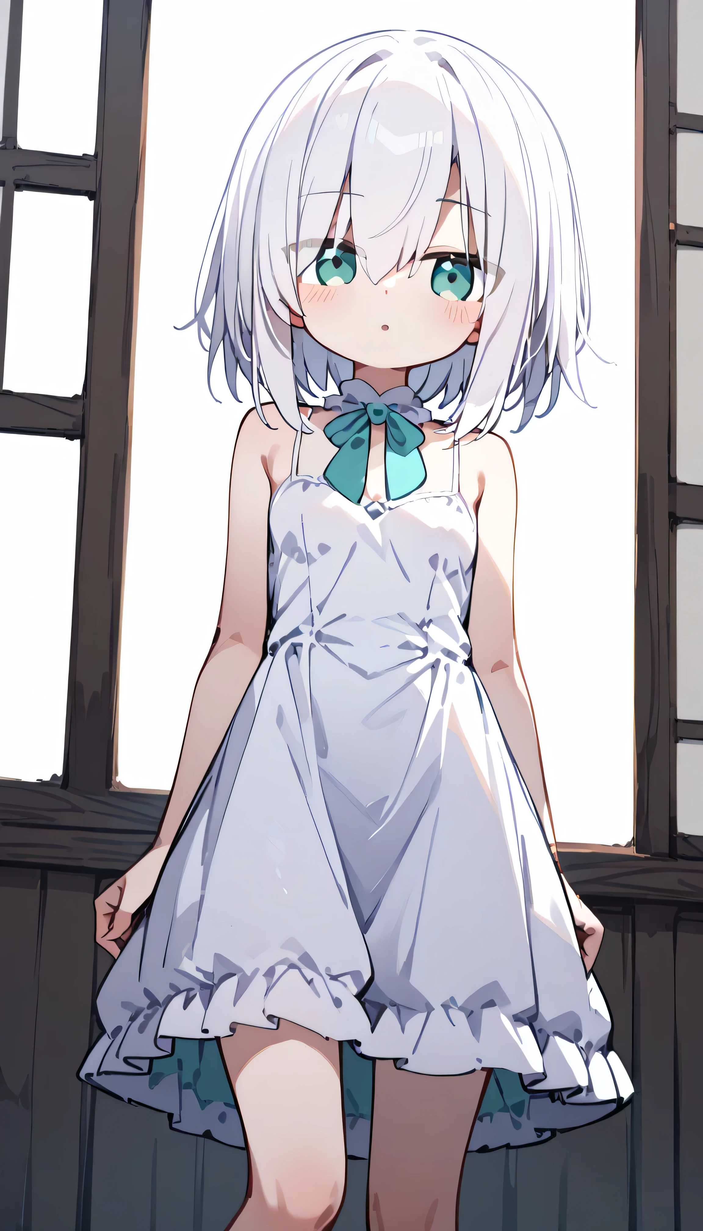 Emerald green eyes, white hair, eyes visible through hair, short hair Alone, eyebrow visible from inside hair , hair between eyes, white slip dress