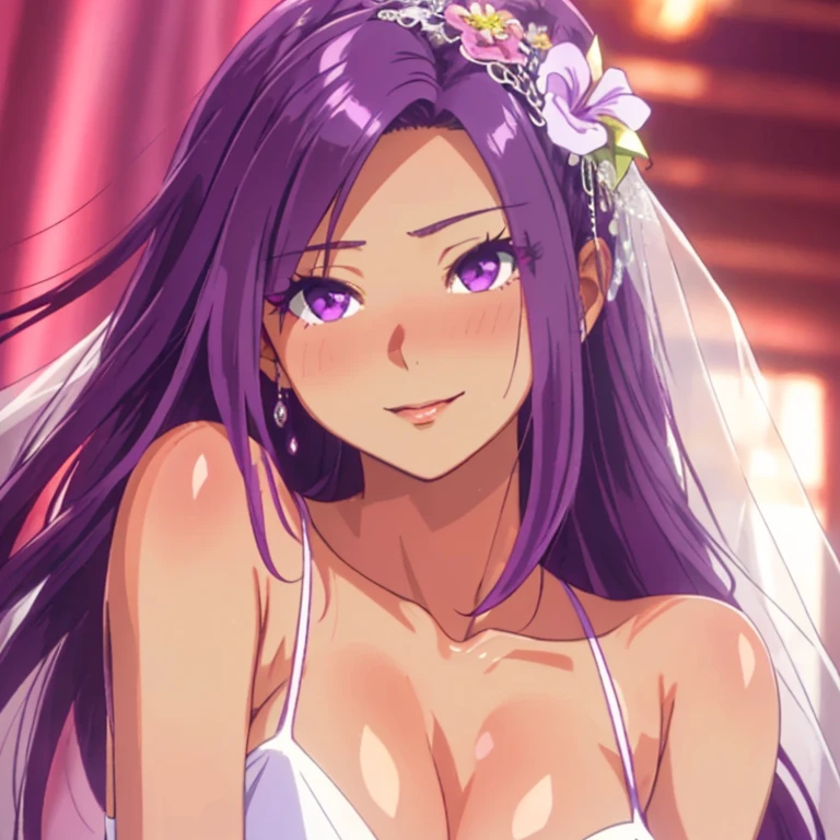 spontaneous adult beauty, Seira Sodeshiro!, tanned!, with long loose violet hair highlights, realistic and vibrant, exceptional quality, soothing-colours!, saturated coloured-photo!, strictly human proportions!, strictly private portrait!, decent bridal fantasies, viewer asks her if she will marry reaction, adequate reaction at viewer, paradise,
