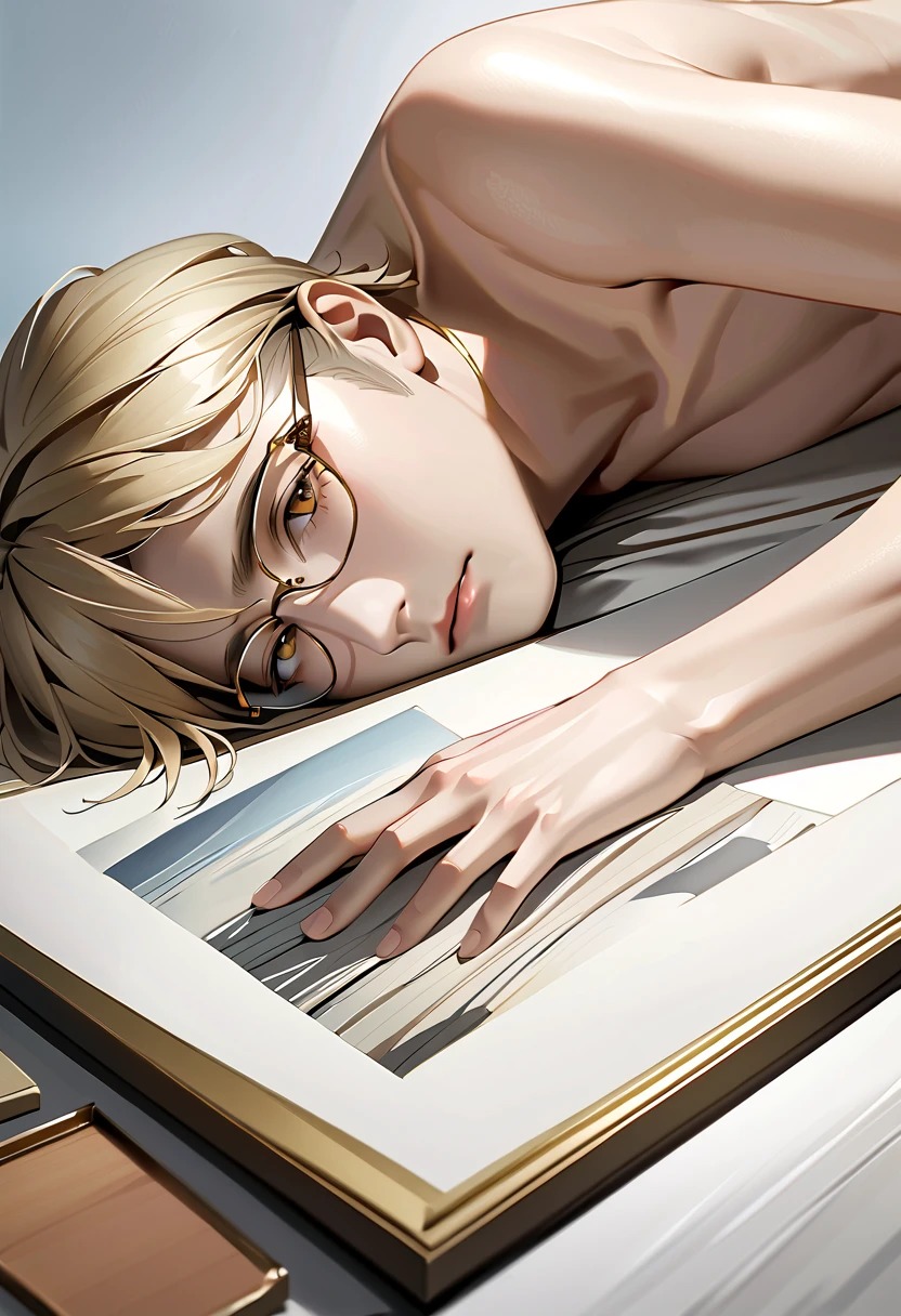  top grade 、 very detailed、 boys、 shortcuts、Hand covering one eye 、Blonde、 all back、gold frameless glasses、Rectangular Glasses、 lying down 、 brown eyes、 realistic drawing