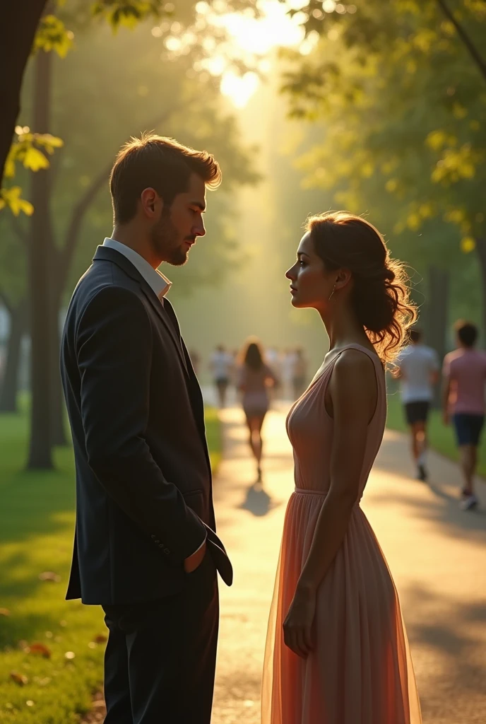 A couple meeting for the first time in a tree-lined square, Alone, Tall and thin man, fat woman wearing long skirt and long hair.