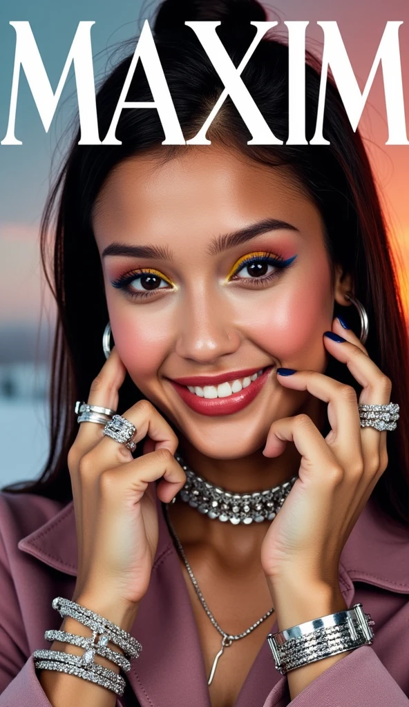 woman, tan, smile, looking directly at the viewer, looking directly at the camera, making eye contact, looking straight ahead, extreme close-up, zoomed, focus on face, centered, macro shot, face centered, focus on eyes, modest clothes, modest apparel, chest covered, modesty , colorful lipstick, eye shadow, and eye liner that match outfit, blush, silver necklace, silver bracelets, silver rings, silver hoop earrings, silver hairclips, photograph of the cover of the December 2024 issue of Maxim magazine. The cover is a stylized, vibrant cover design, and the only text is the title "MAXIM" is prominently displayed in bold, white Maxim Script font at the top. No other text on the cover. The cover is a background of winter colors, lighter shades at the top and darker shades towards the bottom, creating a dramatic effect. There is an extreme close-up of the subject wearing the latest in winter fashion, a nine-foot-tall Grizzly Bear is standing on its hind legs right behind