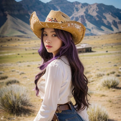 Revolver, Half -body ,Western film, America, Cowgirl Dressed as I, Cow girl style Wear,  cowboy-hat, (Billy the  style) ,looking viewer, Korean girl ,  ,(long curly hair, purple hair), (masterpiece, highest quality, Very detailed, Ultra-high resolution, (photopractical:1.1), Original photo, (practical:0.2) ,noon