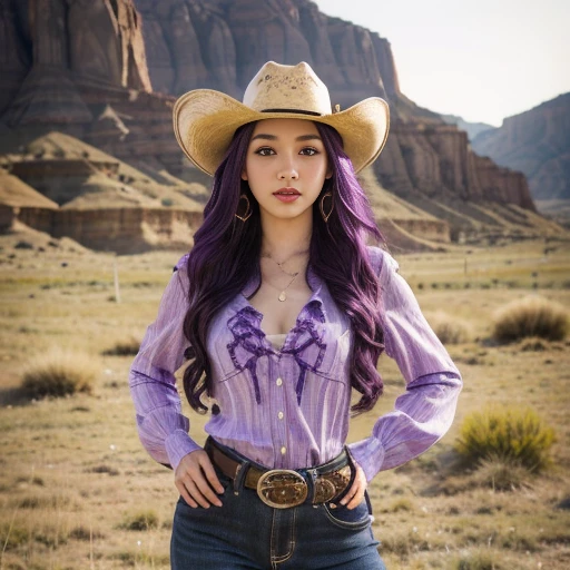 Revolver, Half -body ,Western film, America, Cowgirl Dressed as I, Cow girl style Wear,  cowboy-hat, (Billy the  style) ,looking viewer, Korean girl ,  ,(long curly hair, purple hair), (masterpiece, highest quality, Very detailed, Ultra-high resolution, (photopractical:1.1), Original photo, (practical:0.2) ,noon