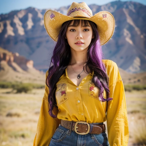 Revolver, Half -body ,Western film, America, Cowgirl Dressed as I, Cow girl style Wear,  cowboy-hat, (Billy the  style) ,looking viewer, Korean girl ,  ,(long curly hair, purple hair), (masterpiece, highest quality, Very detailed, Ultra-high resolution, (photopractical:1.1), Original photo, (practical:0.2) ,noon