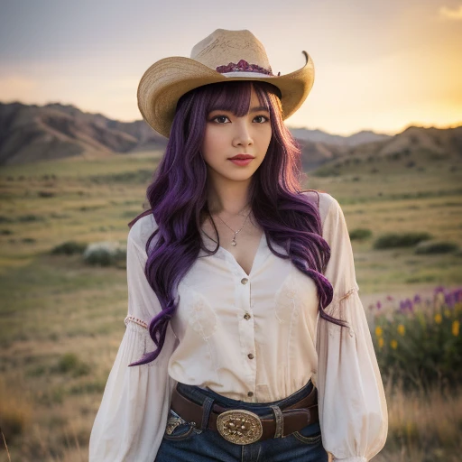 Revolver, Half -body ,Western film, America, Cowgirl Dressed as I, Cow girl style Wear,  cowboy-hat, (Billy the  style) ,looking viewer, Korean girl ,  ,(long curly hair, purple hair), (masterpiece, highest quality, Very detailed, Ultra-high resolution, (photopractical:1.1), Original photo, (practical:0.2) ,noon