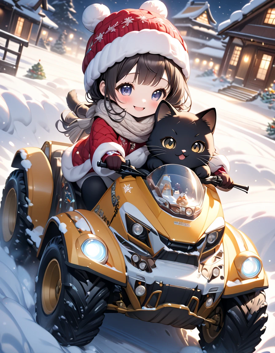 (masterpiece), (ultra-detailed, best quality, clear focus, dramatic scene, cinematic), shadow, (ultra-high resolution, 8k), perfect anatomy, perfect face, (detailed face), (detailed eye), (chibi), cute Japanese chibi girl, famous Japanese chibi idol, very beautiful and cute and cool face, (wearing an cute winter wear with warm pants with scarf and gloves:1.2), knit cap, (large breasts), (She is driving a gorgeously Christmas decorated miniature all-terrain vehicle with her cat:1.3), (all-wheel-drive vehicle with too many tires), in front of the gorgeous gate of her Japanese home, snow covered, deep snow, stormy, she is showing smile, dynamic angle, (a very cute giant black cat is mewing with her), professional lighting, (detailed very cute fluffy giant black cat:1.3), they looks so happy, happy smile, (gorgeously decorated Christmas tree with shining Christmas lights),