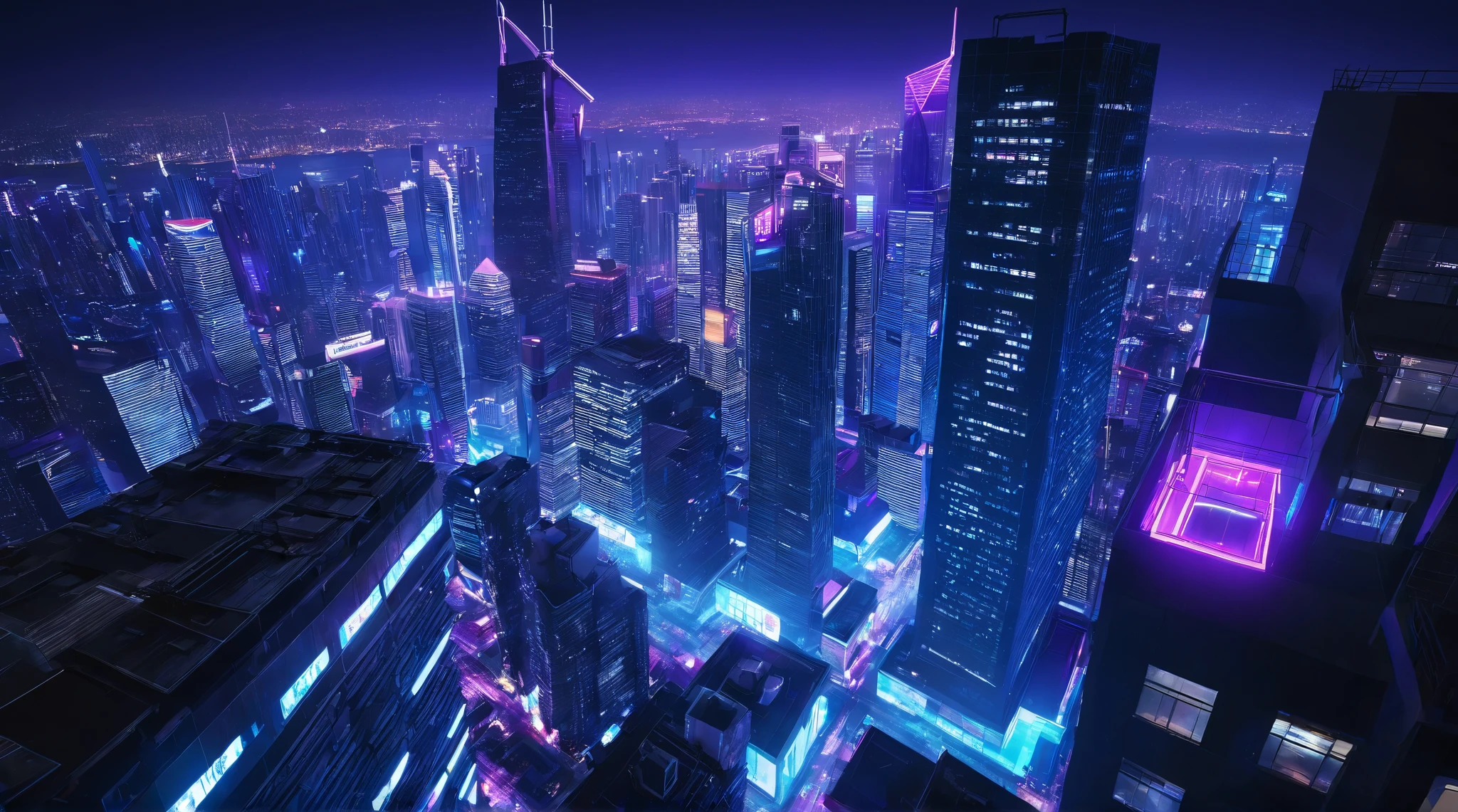 Bird's-eye view, city bird's-eye view, high rooftop view, city night view, cyber style, full of blue and purple neon lights, skyscrapers, distant skyline, rooftop view, close-up of a building on the right side of the camera, UE5 rendering, 3D rendering, LUMEN light and shadow rendering