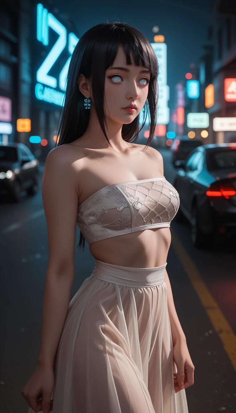  a detailed and beautiful portrait of a 16-year-old Japanese girl,  medium breasts, with healthy appearance , sexy expression,      tight clothing  , Bold pose,    detailed embroidery   ,  belly out , Tube top,  high quality, 8k,    realistic photo ,   dramatic lighting ,    vivid colors   ,(   masterpiece   ,     top quality   ,  :1.2),  (  cyberpunk urban scene illuminated by neon lights  ), (Alone:1.4), (     Elegant and cool  ),    Bright neon details    :1.3), ( serious expression   :1.1) ,     Confident and relaxed poses      :1.3),  Holographic outdoor  , (   dynamic lighting   ,   Strong contrast, bare arms, joy, Hinata of Naruto, sexy clothes,   sexy lingerie clothes ,   full body,  black hair
