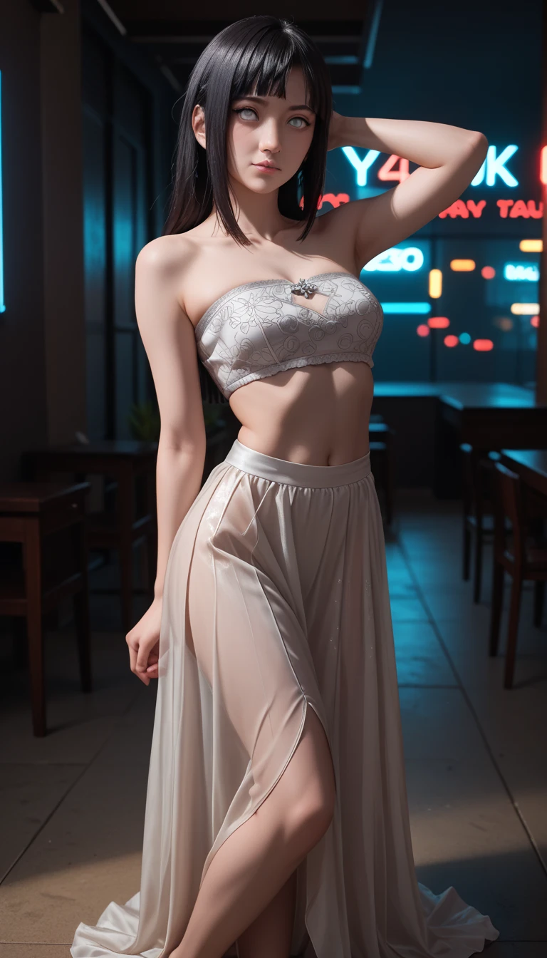  a detailed and beautiful portrait of a 16-year-old Japanese girl,  medium breasts, with healthy appearance , sexy expression,      tight clothing  , Bold pose,    detailed embroidery   ,  belly out , Tube top,  high quality, 8k,    realistic photo ,   dramatic lighting ,    vivid colors   ,(   masterpiece   ,     top quality   ,  :1.2),  (  cyberpunk urban scene illuminated by neon lights  ), (Alone:1.4), (     Elegant and cool  ),    Bright neon details    :1.3), ( serious expression   :1.1) ,     Confident and relaxed poses      :1.3),  Holographic outdoor  , (   dynamic lighting   ,   Strong contrast, bare arms, joy, Hinata of Naruto, sexy clothes,   sexy lingerie clothes ,   full body,  black hair
