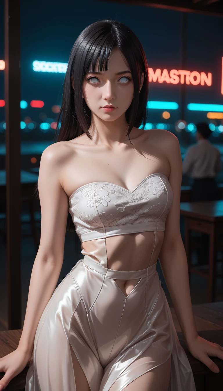  a detailed and beautiful portrait of a 16-year-old Japanese girl,  medium breasts, with healthy appearance , sexy expression,      tight clothing  , Bold pose,    detailed embroidery   ,  belly out , Tube top,  high quality, 8k,    realistic photo ,   dramatic lighting ,    vivid colors   ,(   masterpiece   ,     top quality   ,  :1.2),  (  cyberpunk urban scene illuminated by neon lights  ), (Alone:1.4), (     Elegant and cool  ),    Bright neon details    :1.3), ( serious expression   :1.1) ,     Confident and relaxed poses      :1.3),  Holographic outdoor  , (   dynamic lighting   ,   Strong contrast, bare arms, joy, Hinata of Naruto, sexy clothes,   sexy lingerie clothes ,   full body,  black hair
