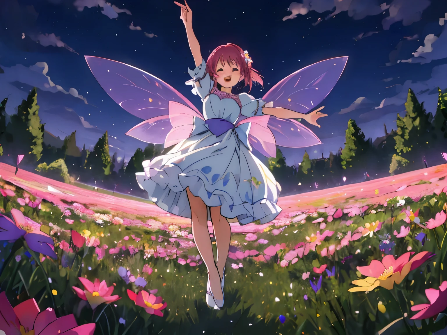 night、Flower meadow、One fairy、Jump up and dance