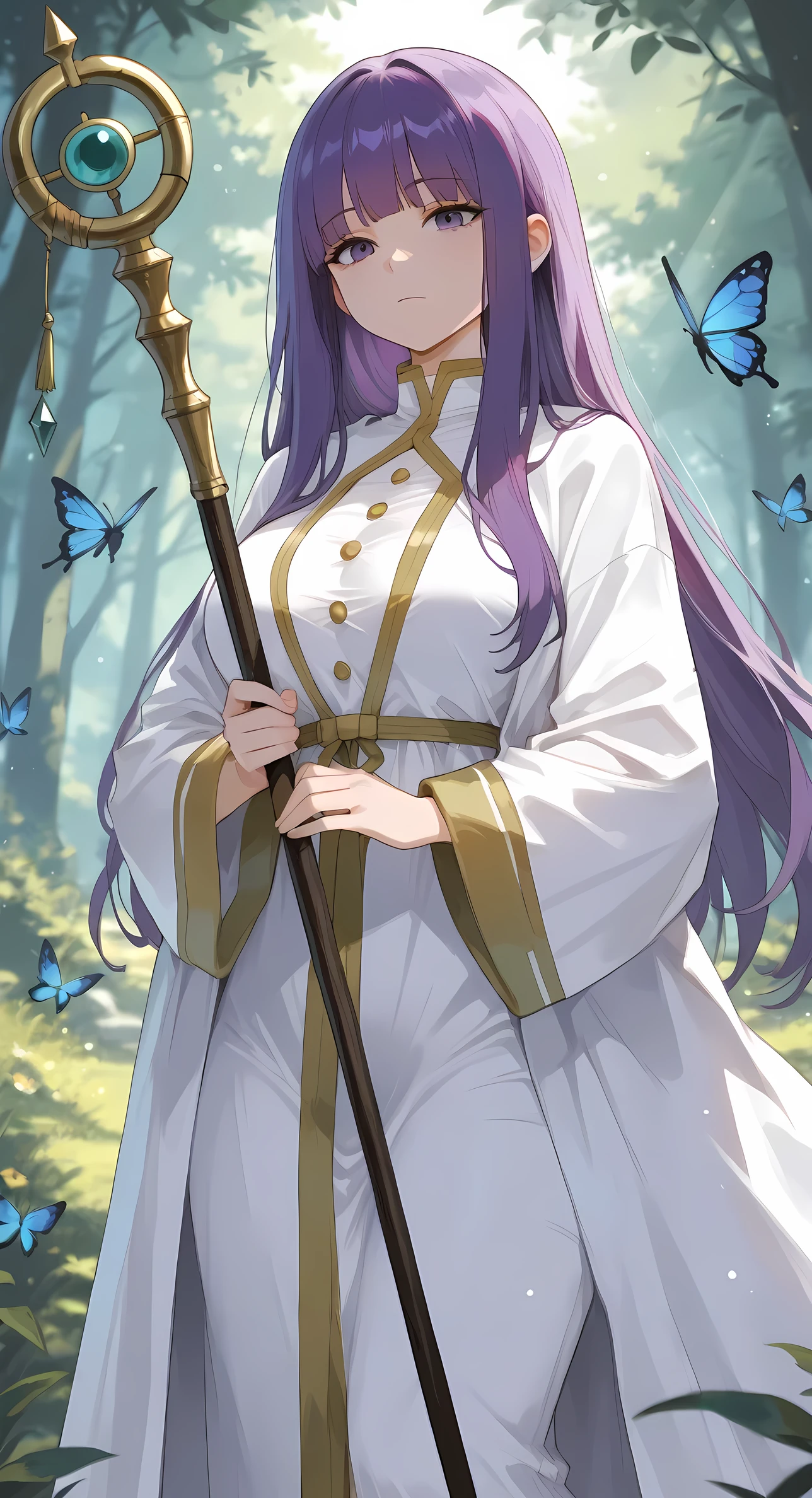 fern \(sousou no frieren\), 1girl, blue butterfly, breasts, bug, butterfly, closed mouth, dress, holding, holding weapon, insect, large breasts, light particles, long hair, mage staff, outdoors, purple eyes, purple hair, robe, , solo, staff, weapon, white robe, msk12003, masterpiece, best quality, very aesthetic, absurdres