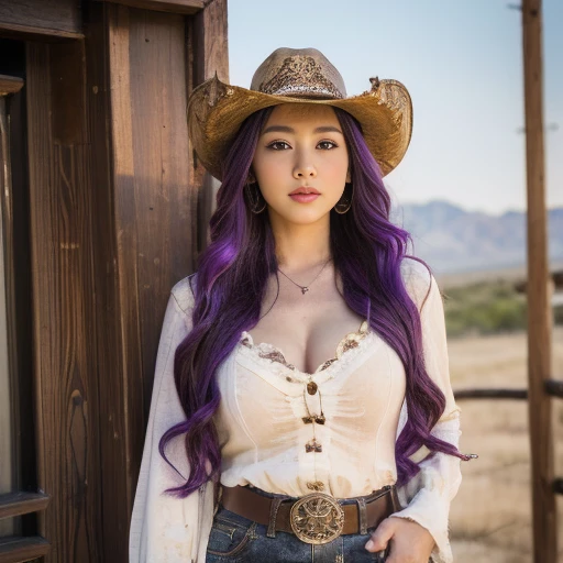 Revolver, Half -body ,Western film, America, Cowgirl Dressed as I, Cow girl style Wear,  cowboy-hat, (Billy the  style) ,looking viewer, Korean girl ,  ,(long curly hair, purple hair), (masterpiece, highest quality, Very detailed, Ultra-high resolution, (photopractical:1.1), Original photo, (practical:0.2) ,noon