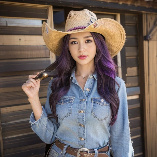 Revolver, Half -body ,Western film, America, Cowgirl Dressed as I, Cow girl style Wear,  cowboy-hat, (Billy the  style) ,looking viewer, Korean girl ,  ,(long curly hair, purple hair), (masterpiece, highest quality, Very detailed, Ultra-high resolution, (photopractical:1.1), Original photo, (practical:0.2) ,noon