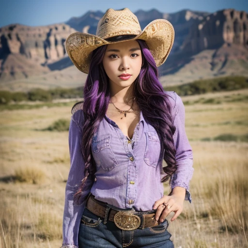 Revolver, Half -body ,Western film, America, Cowgirl Dressed as I, Cow girl style Wear,  cowboy-hat, (Billy the  style) ,looking viewer, Korean girl ,  ,(long curly hair, purple hair), (masterpiece, highest quality, Very detailed, Ultra-high resolution, (photopractical:1.1), Original photo, (practical:0.2) ,noon