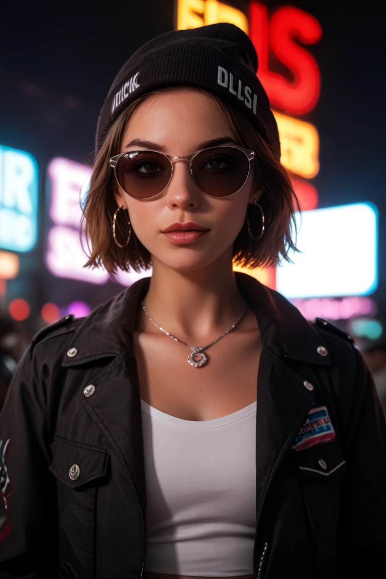 Face close up, alternative girl, watching over black sunglasses, jacket, necklace, neon light reflections on skin, ear ring, makeup, skin imperfection, short hair, beanie, neon lights background, low light, depth of field, highly detailed, high contrast, film grain, Rim Lighting, Long Exposure, DSLR