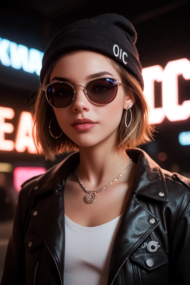 Face close up, alternative girl, watching over black sunglasses, jacket, necklace, neon light reflections on skin, ear ring, makeup, skin imperfection, short hair, beanie, neon lights background, low light, depth of field, highly detailed, high contrast, film grain, Rim Lighting, Long Exposure, DSLR