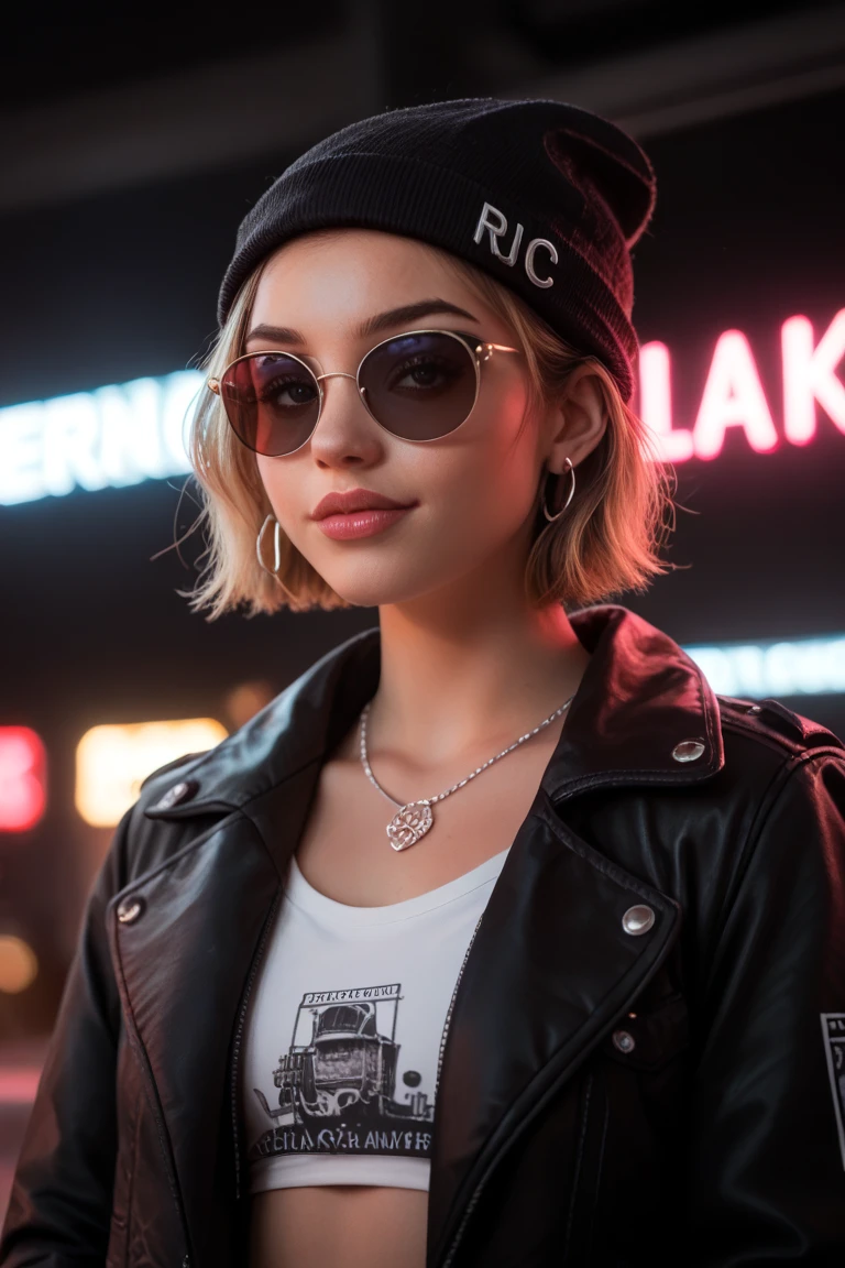 Face close up, alternative girl, watching over black sunglasses, jacket, necklace, neon light reflections on skin, ear ring, makeup, skin imperfection, short hair, beanie, neon lights background, low light, depth of field, highly detailed, high contrast, film grain, Rim Lighting, Long Exposure, DSLR