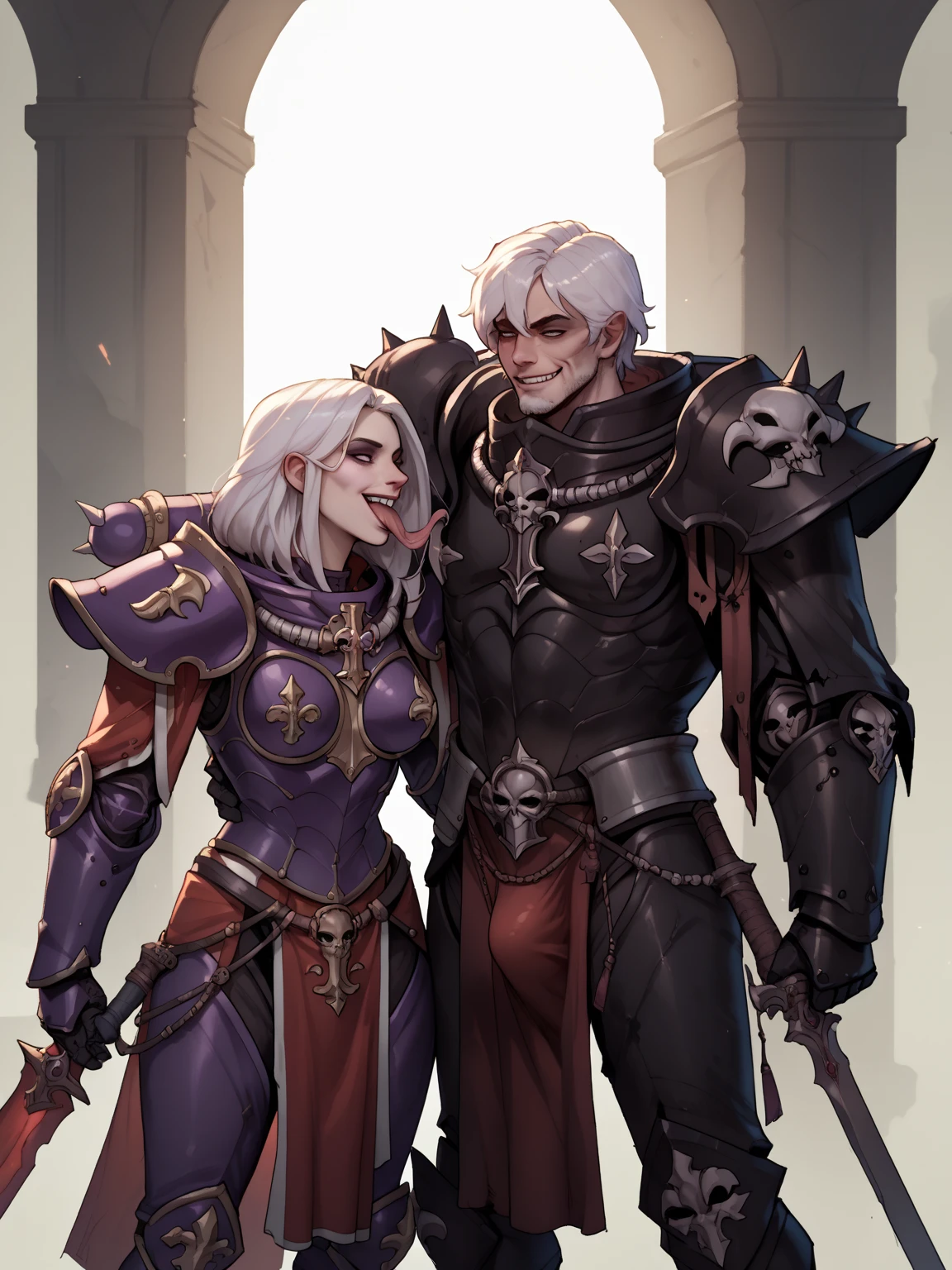 Sororitas, armor, shoulder armor, pelvic curtain, tabard, greaves, power armor, white hair, slanesh corrupted, purple light, , corrupted smile, longue tongue, bulge lick