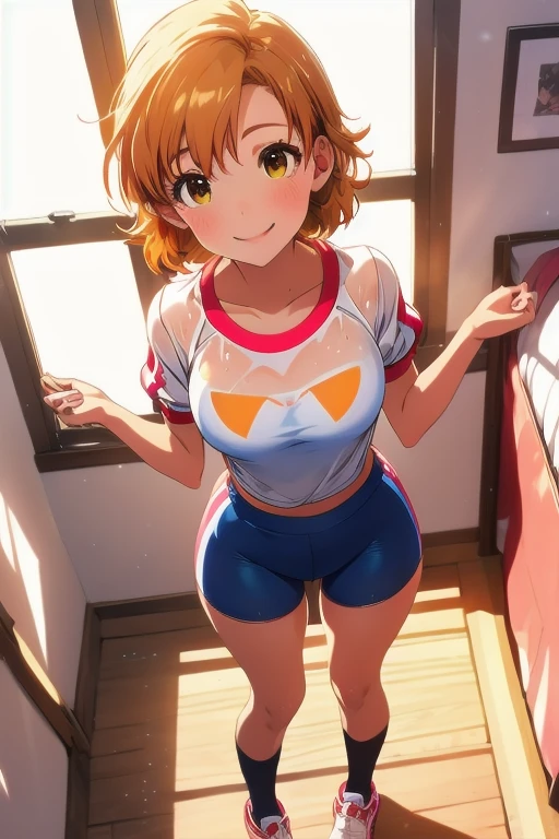 1girl in, Parted lips, blush, makeup, lightsmile, Full body, Wide Angle, From  above, crass room, llight rays, Glow, thighs thighs thighs thighs, clavicle, Narrow waist, (masterpiece), Wallpaper, orange hair color, Breast bulge, Sheer, white transparent transparent gym uniform gym uniform , Dark blue transparent transparent bloomer, bloomer, bloomer, White socks, a wet body