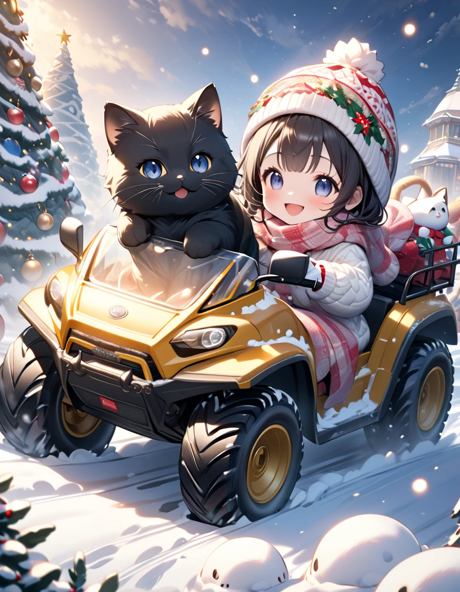 (masterpiece), (ultra-detailed, best quality, clear focus, dramatic scene, cinematic), shadow, (ultra-high resolution, 8k), perfect anatomy, perfect face, (detailed face), (detailed eye), (chibi), cute Japanese chibi girl, famous Japanese chibi idol, very beautiful and cute and cool face, (wearing an cute winter wear with warm pants with scarf and gloves:1.2), knit cap, (large breasts), (She is driving a gorgeously Christmas decorated miniature all-terrain vehicle with her cat:1.3), (all-wheel-drive vehicle with too many tires), at gorgeously Christmas decorated Merlion park in Singapore, snow covered, deep snow, stormy, she is showing smile, dynamic angle, (a very cute giant black cat is mewing with her), professional lighting, (detailed very cute fluffy giant black cat:1.3), they looks so happy, happy smile, (gorgeously decorated Christmas tree with shining Christmas lights),