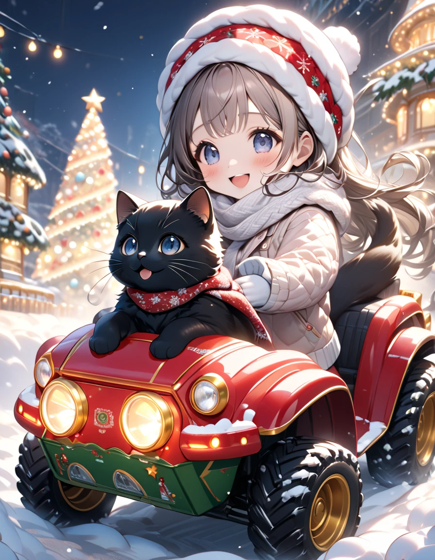 (masterpiece), (ultra-detailed, best quality, clear focus, dramatic scene, cinematic), shadow, (ultra-high resolution, 8k), perfect anatomy, perfect face, (detailed face), (detailed eye), (chibi), cute Japanese chibi girl, famous Japanese chibi idol, very beautiful and cute and cool face, (wearing an cute winter wear with warm pants with scarf and gloves:1.2), knit cap, (large breasts), (She is driving a gorgeously Christmas decorated miniature all-terrain vehicle with her cat:1.3), (all-wheel-drive vehicle with too many tires), at gorgeously Christmas decorated Merlion park in Singapore, snow covered, deep snow, stormy, she is showing smile, dynamic angle, (a very cute giant black cat is mewing with her), professional lighting, (detailed very cute fluffy giant black cat:1.3), they looks so happy, happy smile, (gorgeously decorated Christmas tree with shining Christmas lights),