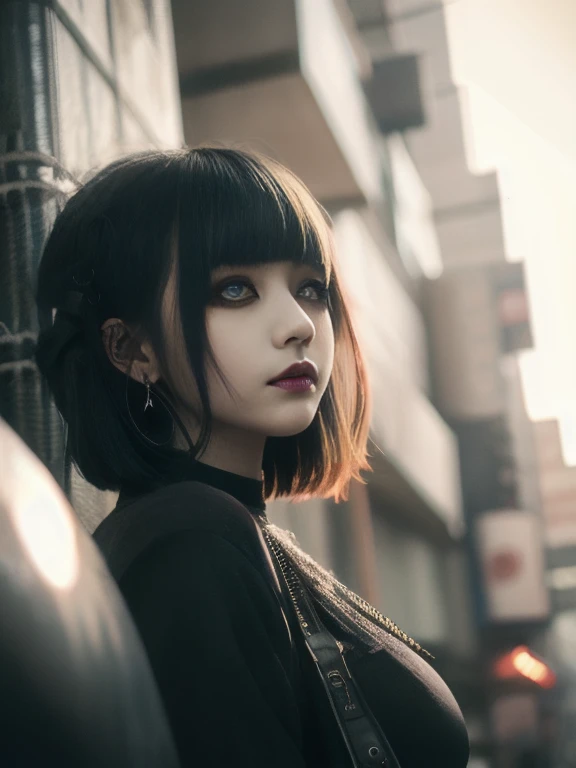  DIESEL PUNK ,  Atmospheric volumetric fog , masterpiece,  illustrations,  top quality , 8k,  high definition ,  wallpaper,  cinematic lighting ,  sharp concentration ,  complicated、 1 Japanese Woman、A woman with a beautiful face、Goth Makeup、 Big Breasts 、 skirt、 cleavage close-ups 、