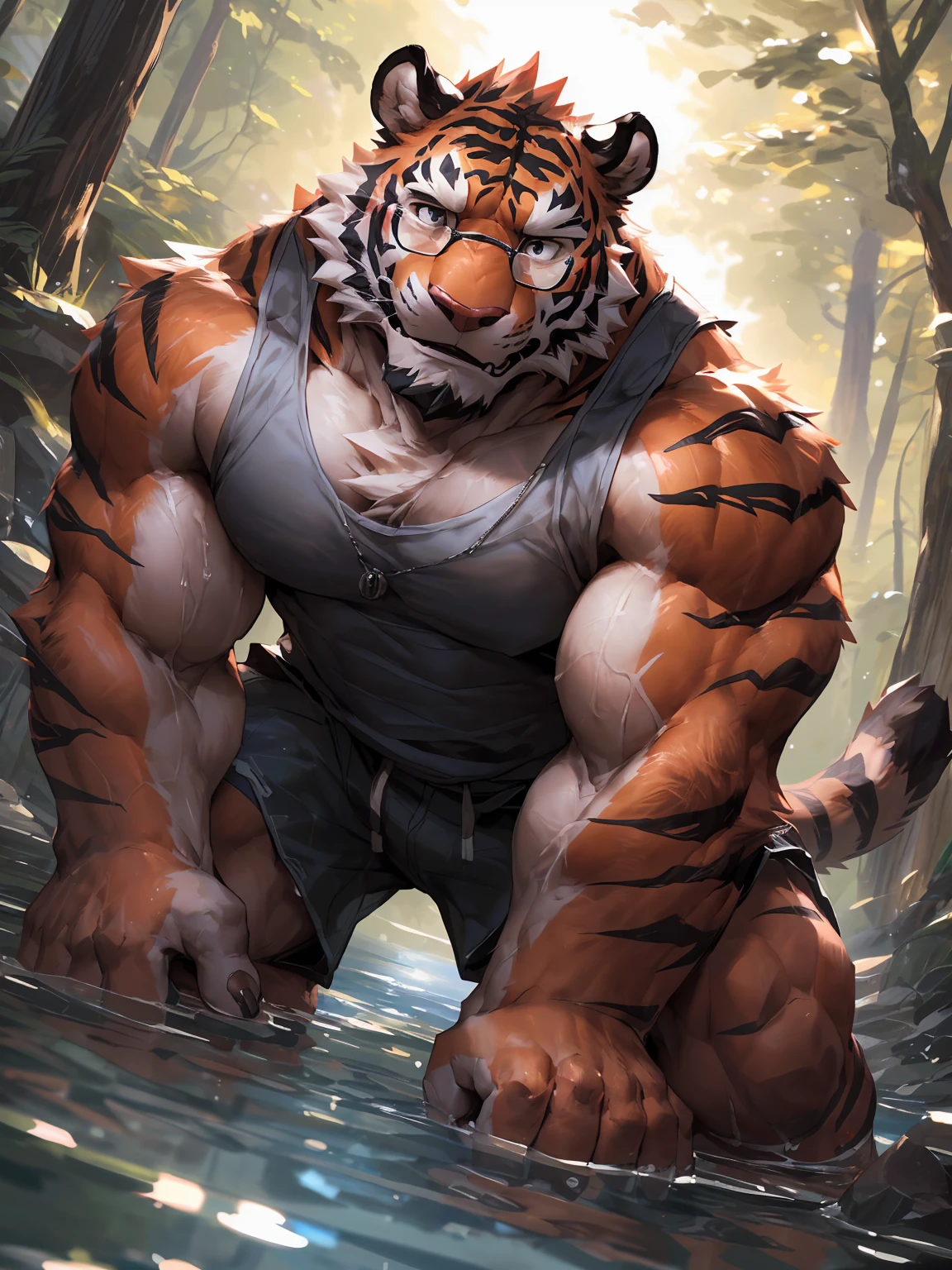 ((best quality)), ((masterpiece)), (ultra detailed), perfect face,(sharp eyes),sharp focus, (by null-ghost,by traver009,by lindong,by pino daeni), (male antro black tiger):2.0, ((blue stripes)), ((black body)), ((white belly)), (delicated tiger fangs, tiger ears, tiger tail), (sharp eye),ultra-detailed eyes, (Beautiful and delicate eyes), ((red crimson):0.1 eyes), ((white sclera)), ((fluffy fur, fluffy, furry body)), muscular male , smile, reflection, sexy body, middle-age, strong, looking at view, (((sfw:1.5))), (( abs, strong muscle, 8 pack)), tougue out, claw, pink nipples, handsome,(Great physique),strong arms man, majestic, barbarous, handsome, by the waterfall, sweating:1.8, ((huge penis)), full body