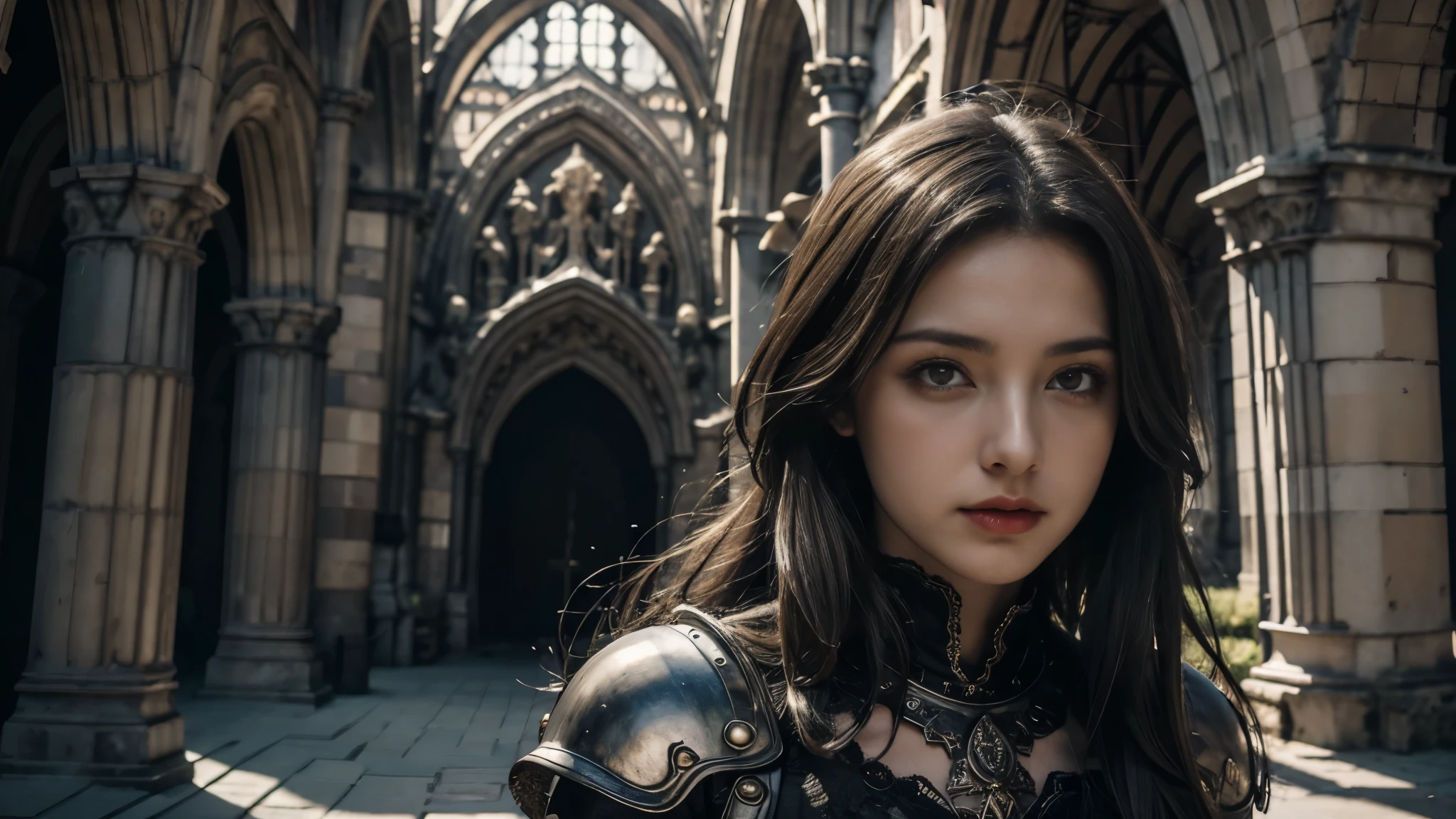 masterpiece, High Resolution,8K,(Portrait Photos:1.5),(R Original Photo),Reality,Digital Photography,(Gothic), ancient castles， BEAUTIFUL 20 YEAR OLD WOMAN，Short hair，Keep your mouth shut， Broken Wall Remains，MESCOPE PHOTOGRAPHY ， hollow armor ， Big Breasts 