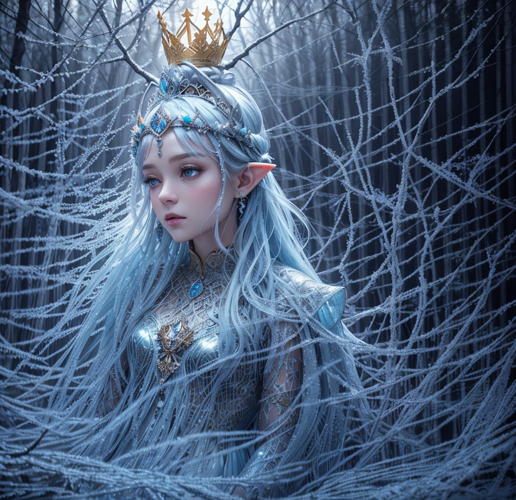 Fairy princess, snow, ice, icy breath, mist breath, cotton, ice blue, rings, skin, 24k As the mist settles over the swamp, a holographic gold and filigree silver portrait emerges, perfectly shaped and polished to perfection. An full body shot of an Elfgirl wearing a subtle autumn multi-color skirt shaped like a mushroom, on her head she wears a crown of autumn leaves twigs and flowers, in a plush autumn forest clearing which is the forest shimmers with an almost faint bioluminescents, dark as night, a lighted forest clearing at evening 8k