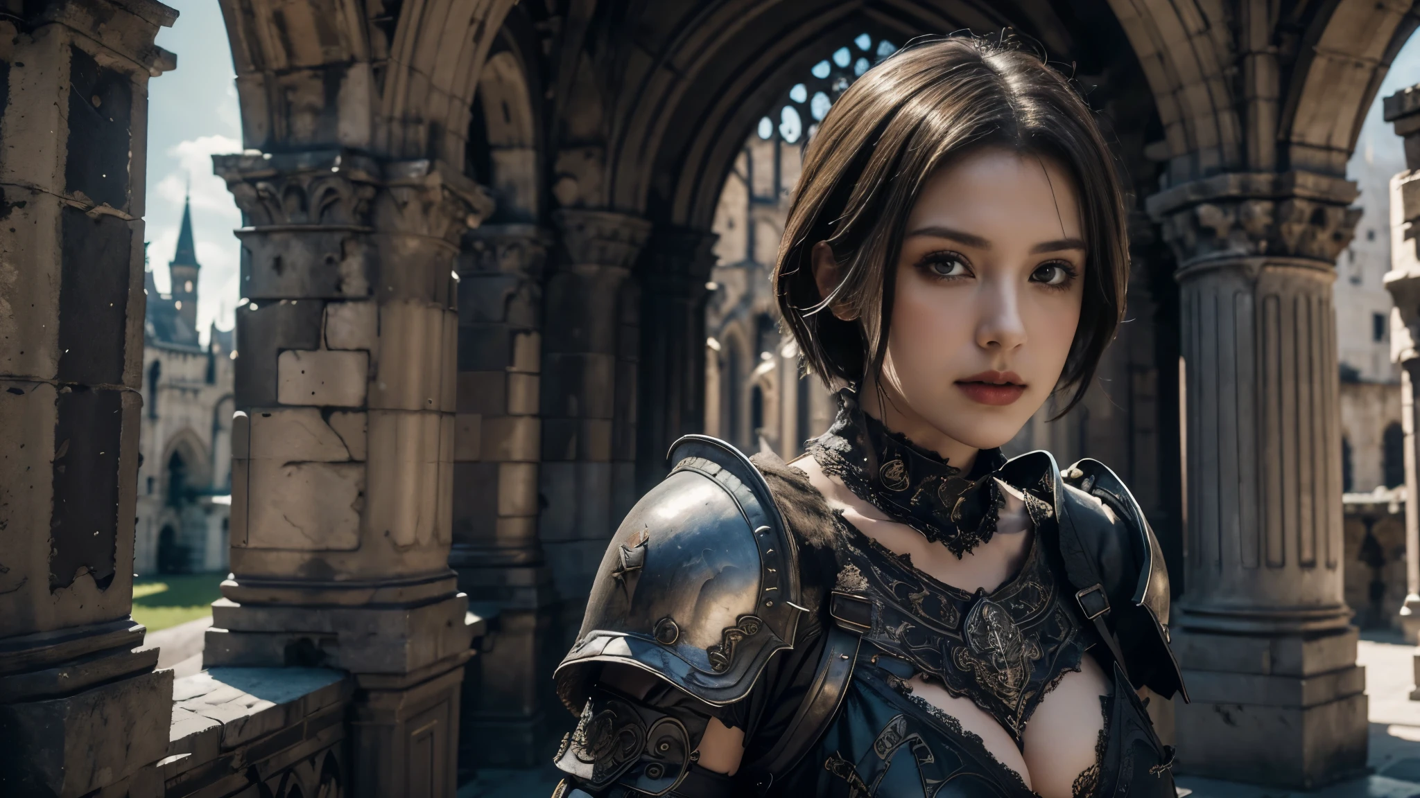 masterpiece, High Resolution,8K,(Portrait Photos:1.5),(R Original Photo),Reality,Digital Photography,(Gothic), ancient castles， BEAUTIFUL 20 YEAR OLD WOMAN，Short hair，Keep your mouth shut， Broken Wall Remains，MESCOPE PHOTOGRAPHY ， hollow armor ， Big Breasts 