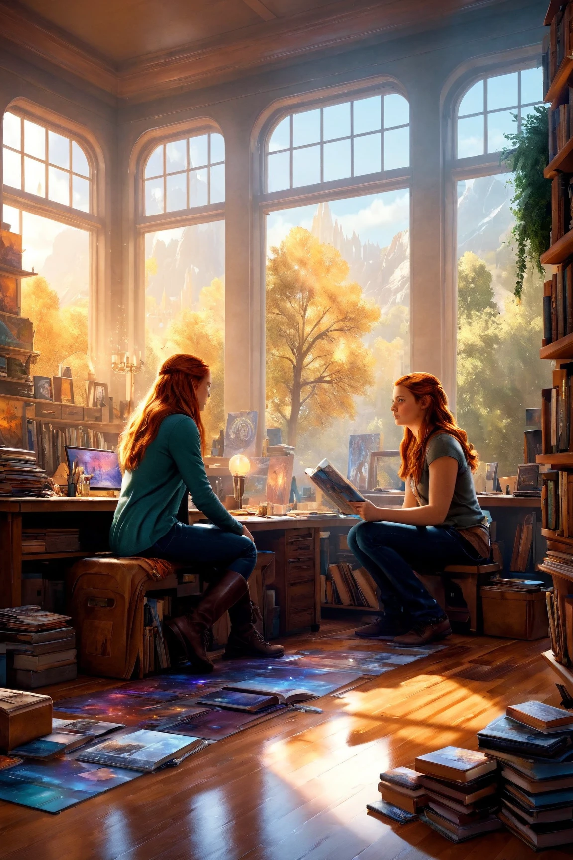 Ginny_Weasley and Hermione Granger in a college dorm room, surrounded by grace, Beautiful idea from Sady Sadness, breathtaking, something that does not exist at all, mythical creature, energy, molecular, textures, iridescent and luminous scales, breathtaking beauty, pure perfection, divine presence, unforgettable, awe-inspiring, breathtaking beauty, volumetric light, auras, rays, vivid color reflections, detailed, hdr, epic background, line art, digital illustration, comic style, dynamic, highly detailed, artstation, concept art, smooth, sharp focus, illustration, Thomas Moran style, art by Carne Griffiths and Wadim Kashin, detailed background, 60-30-10 color rule, warm tones, godrays, unreal engine, greg rutkowski, loish, rhads, beeple, makoto shinkai and lois van baarle, ilya kuvshinov, rossdraws, tom bagshaw, alphonse mucha, global illumination, detailed and intricate environment 