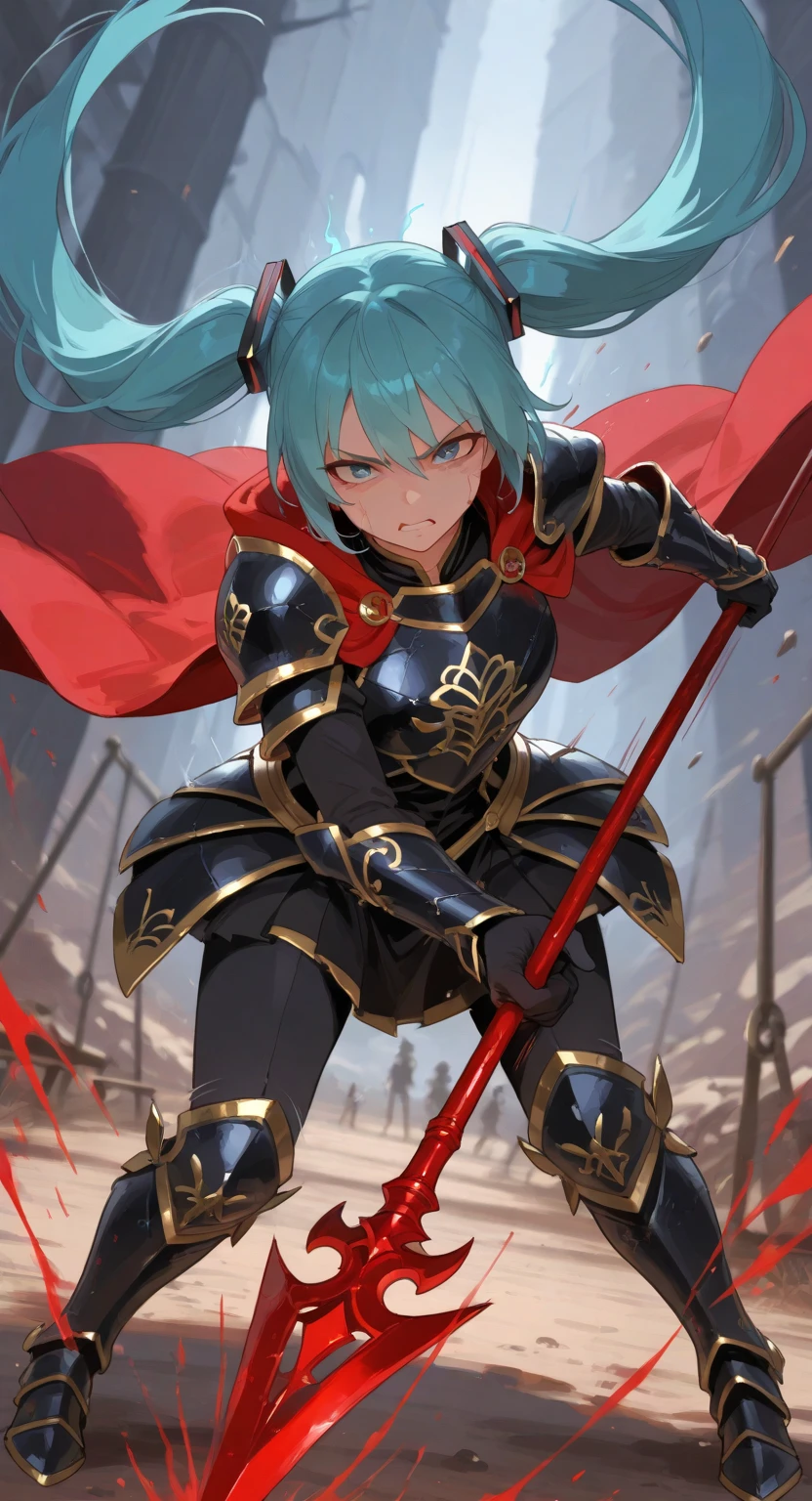 masterpiece, best quality, wearing armor, black armor, gold trim, gauntlets, greaves, cape, holding spear, dynamic pose, hatsune miku, blue eyes, outdoors, aura, foreshortening, angry, dutch angle, reaching towards viewer, unlimited blade works \(fate\), blood, leaning forward, fighting stance, battle, motion lines, motion blur, swinging, swing