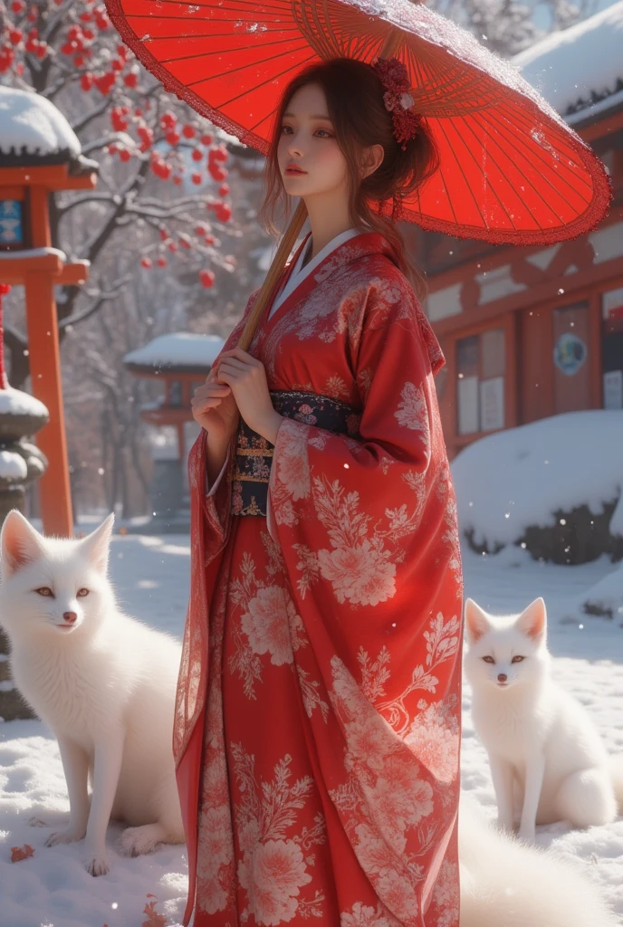 1 Girl, beautiful red kimono, kosode, open an red traditional Japanese umbrella, Two pure white foxes are sitting, background Shinto shrine, torii gate, Japanese stone lantern, snowy landscape, snow falls, HyperRealistic