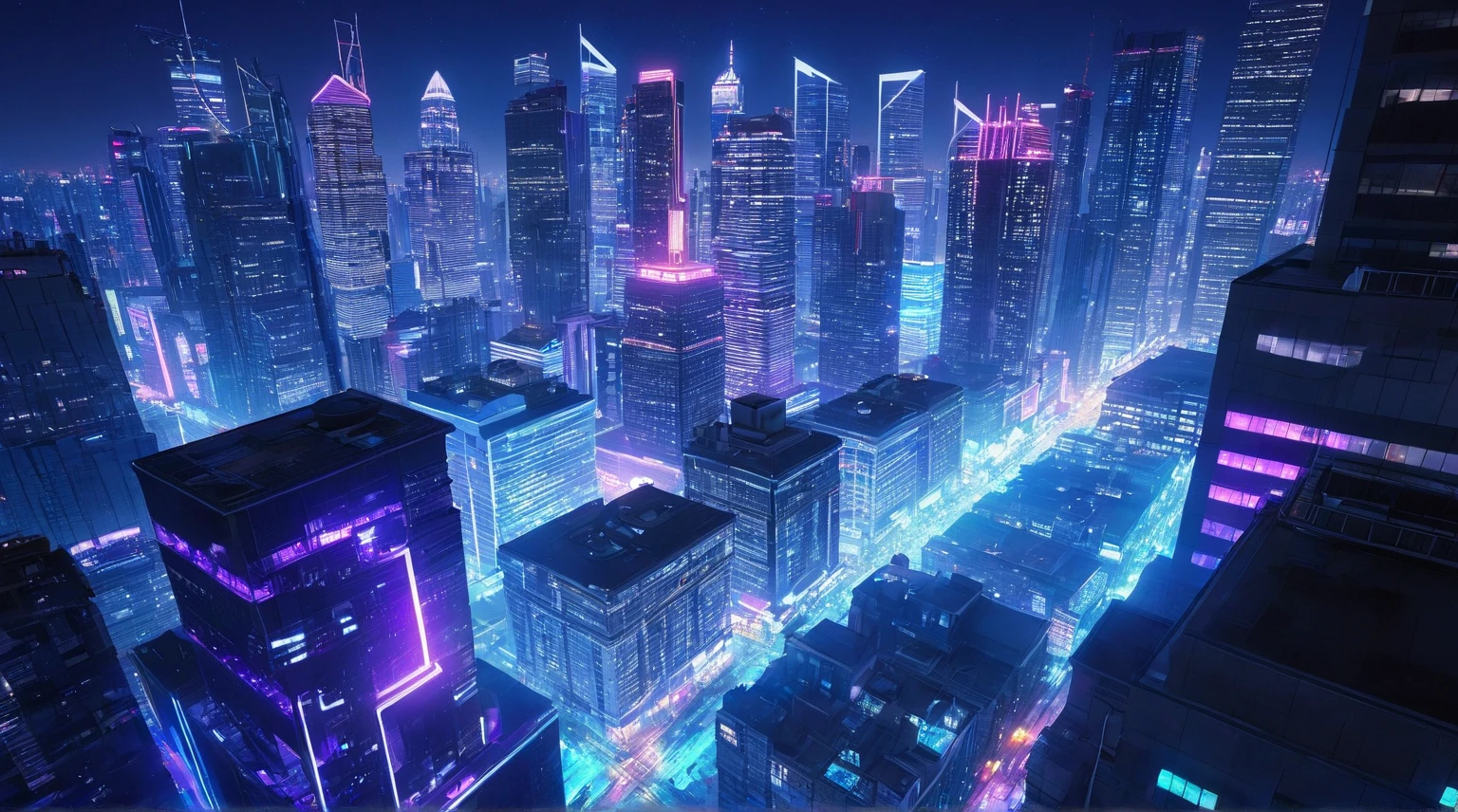 Bird's-eye view, city bird's-eye view, high rooftop view, city night view, cyber style, full of blue and purple neon lights, skyscrapers, distant skyline, rooftop view, close-up of a building on the right side of the camera, UE5 rendering, 3D rendering, LUMEN light and shadow rendering