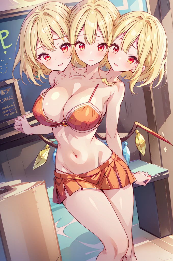 (masterpiece, best quality), best quality, best resolution, (ultra-detailed), ((3heads:2.0)), ((three headed girl:2.0)), 1girl, (flandre scarlet :1.3), masterpiece, best quality, ultra quality, ultra resolution, ultra detail, red top, crop top, ((stomach)), midriff, ((groin)), red skirt, normal ears, (wearing red revealing clothing:1.5), blonde hair, short hair, small bangs, red eyes, parted lips, smiling, cute smile, cute, toned belly, hand on own chest, eyelashes, (2 woman:1.3), (masterpiece:1.5), (best quality:1.5), (beautiful detailed:1.5), extremely detailed CG, extremely delicate and beautiful, depth of field, (finely detailed face), (perfect details:1.3), (mature female:1.3), wide pelvis, slender, very huge veiny breast, 16k resolution, highres, high quality, high definition, extremely detailed, masterpiece, best quality, blonde hair, short hair, alluring presence, smiling, short skirt, close up, very big breasts, very huge breasts, young, small red bow, wearing a mobcap, artificial wings, wings, tip of her wings her 8 crystals which are presented in seven colors: light blue, blue, purple, pink, orange, yellow, light green and finally light blue again, girl with three heads, three headed girl, ((blonde:1.5)),
