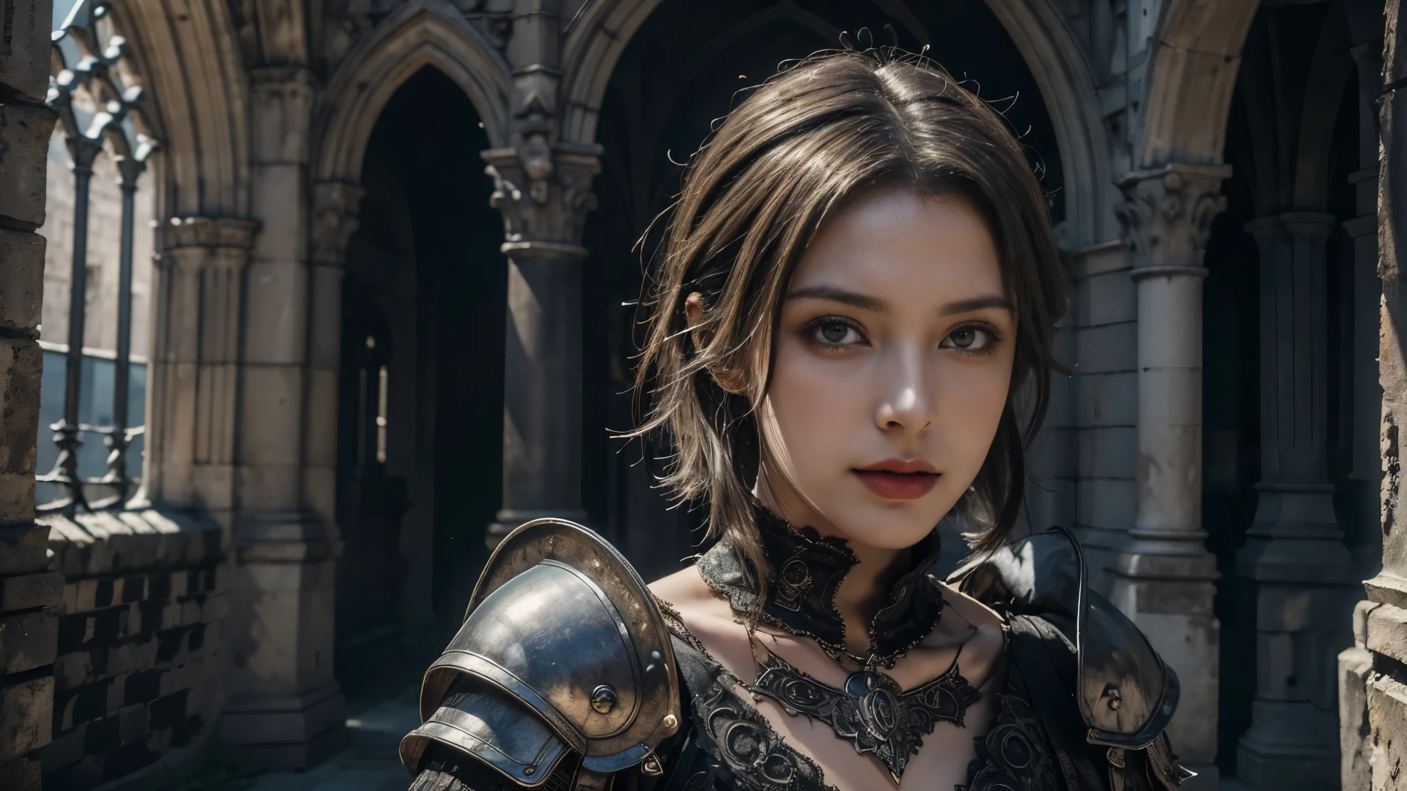 masterpiece, High Resolution,8K,(Portrait Photos:1.5),(R Original Photo),Reality,Digital Photography,(Gothic), ancient castles， BEAUTIFUL 20 YEAR OLD WOMAN，Short hair，Keep your mouth shut， Broken Wall Remains，MESCOPE PHOTOGRAPHY ， hollow armor ， Big Breasts 