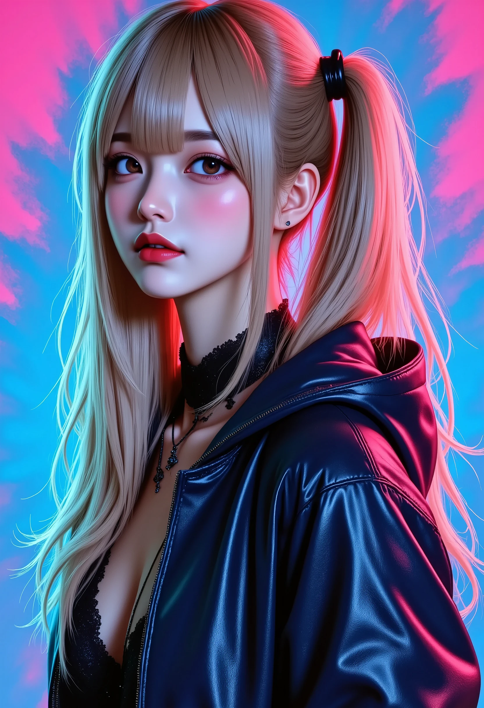 illustration, best quality, 1girl, full body,blonde hair, hooded jacket, serious expression, vibrant neon colors, abstract background, blue and pink lighting, dynamic composition, streetwear style, futuristic vibe, bold color contrast, cyberpunk atmosphere, strong shadows, intense and edgy mood