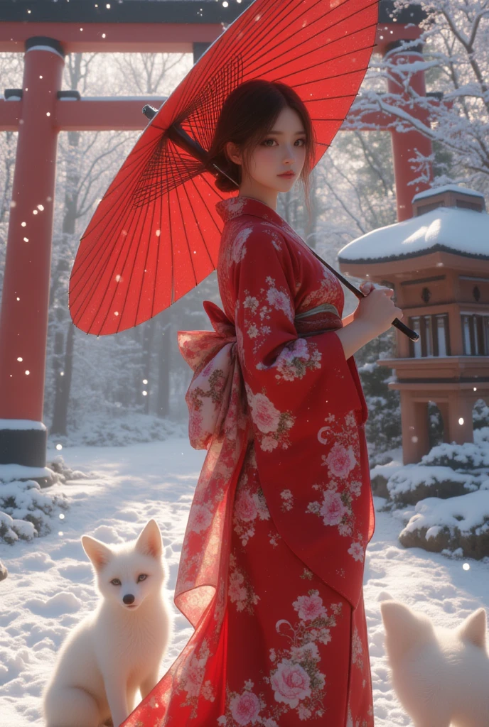 1 Girl, beautiful red kimono, kosode, open an red traditional Japanese umbrella, Two pure white foxes are sitting, background Shinto shrine, torii gate, Japanese stone lantern, snowy landscape, snow falls, HyperRealistic