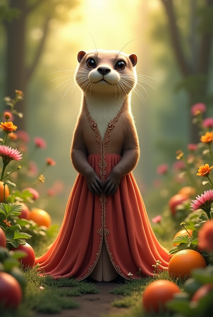 An anthropomorphic adult brown female chipmunk with black hair reaching the ground. She is wearing a crimson floor-length tunic with a brown belt.. She carries a golden plate with a glass of wine on her head., grapes and peaches. The background is dark brown.