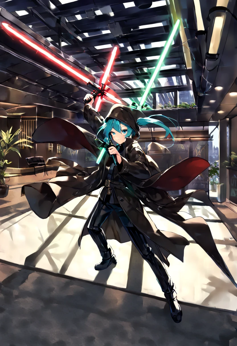 (hatsune miku:1.2), (jedi knight:1.4), (jedi coat:1.4), (crossguard quillons_lightsaber, dual wielding:1.4), (cowboy shot:1.4), (luxurious penthouse, indoor rooftop jedi temple:1.4), 